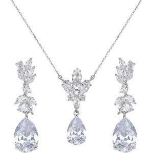 imageSWEETV Teardrop Wedding Jewelry Set for Bride Bridesmaid Women Cubic Zirconia Necklace Earrings Set Bridal Jewelry Set for Wedding Prom01 Silver