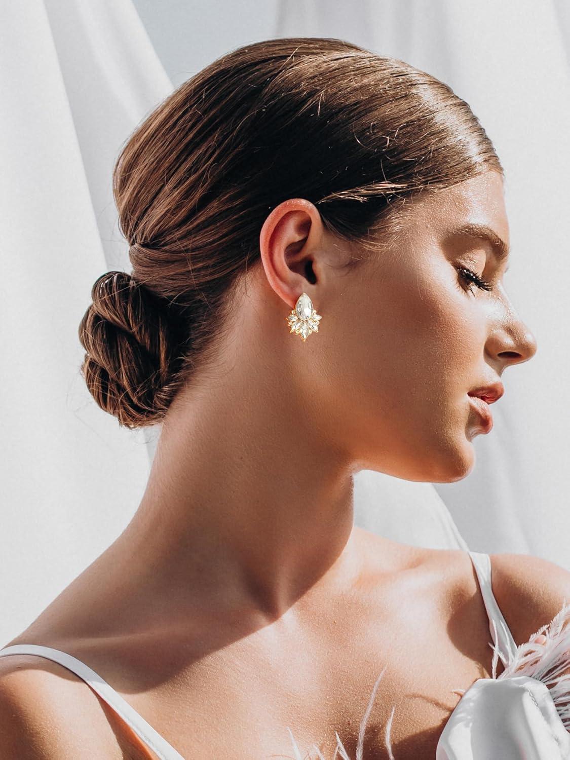 imageSWEETV Sparkly Cluster Rhinestone Earrings for Women Fancy Crystal Wedding Bridal Stud Earrings for BridesBridesmaid Prom Formal Vintage Party Jewelry GiftsClearGold Tone