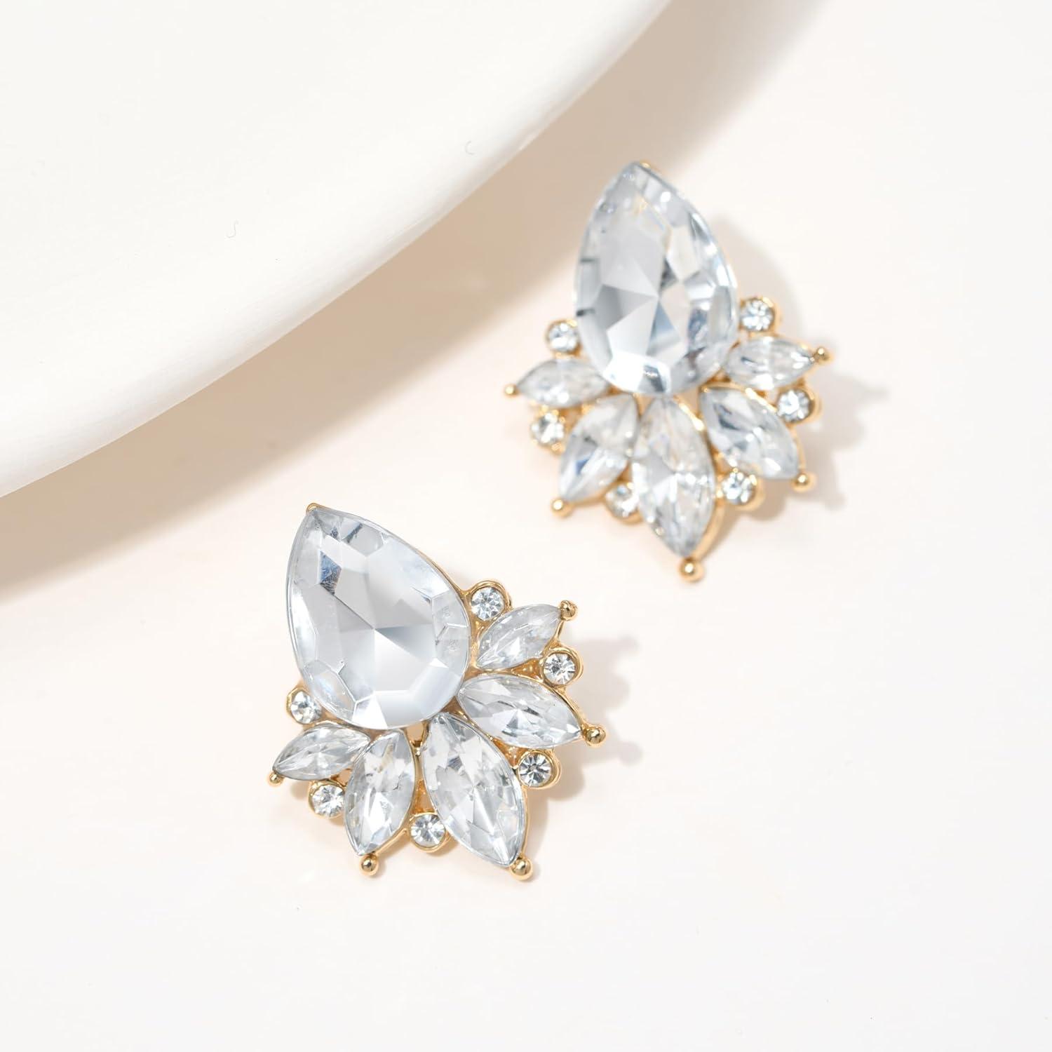 imageSWEETV Sparkly Cluster Rhinestone Earrings for Women Fancy Crystal Wedding Bridal Stud Earrings for BridesBridesmaid Prom Formal Vintage Party Jewelry GiftsClearGold Tone