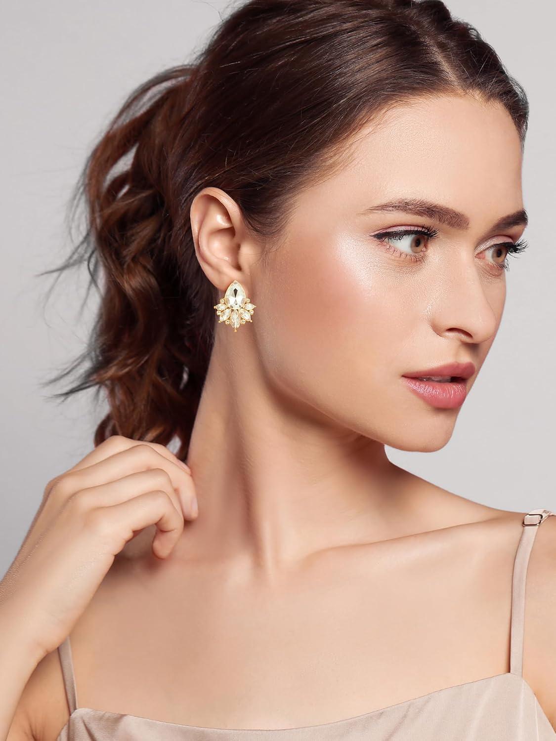 imageSWEETV Sparkly Cluster Rhinestone Earrings for Women Fancy Crystal Wedding Bridal Stud Earrings for BridesBridesmaid Prom Formal Vintage Party Jewelry GiftsClearGold Tone