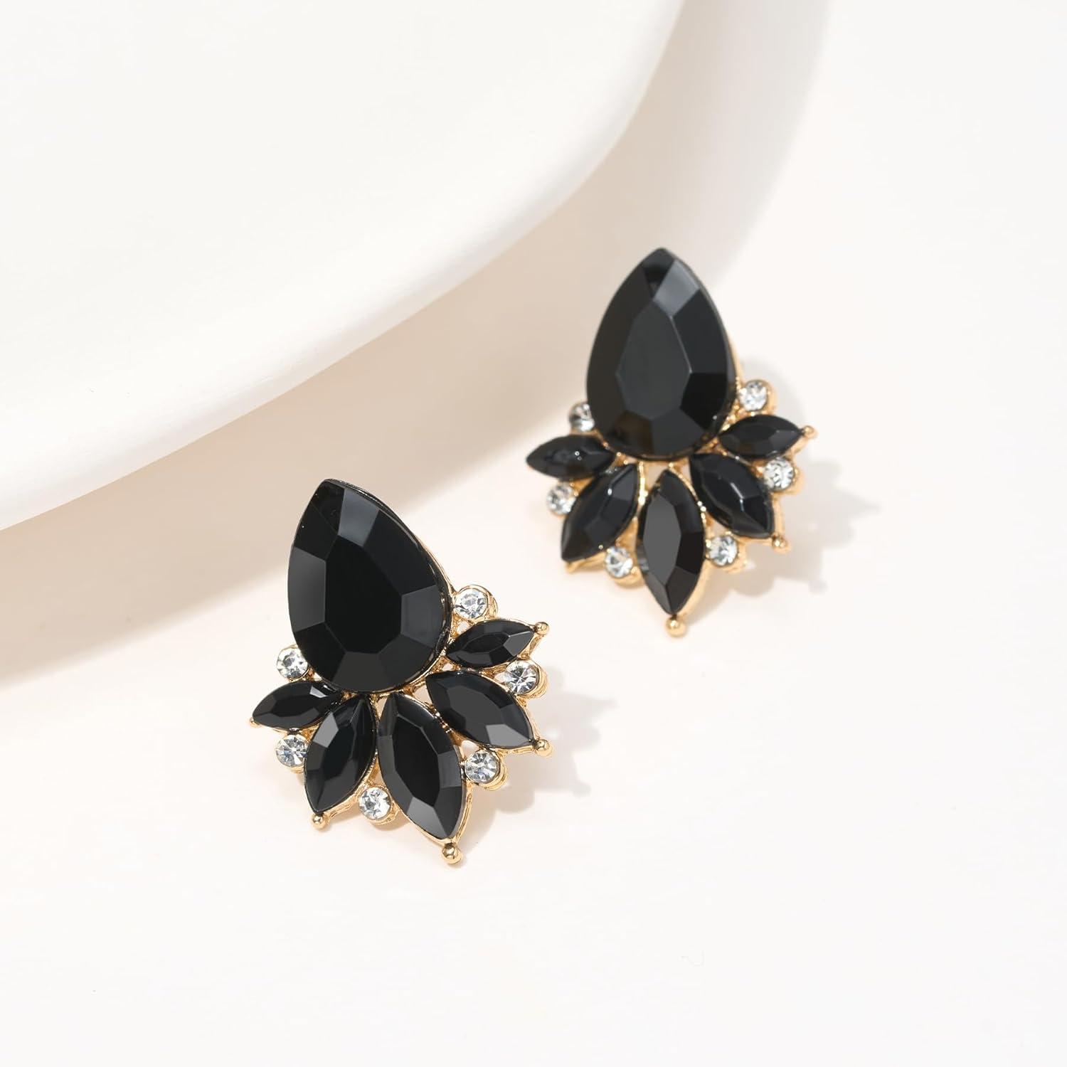 imageSWEETV Sparkly Cluster Rhinestone Earrings for Women Fancy Crystal Wedding Bridal Stud Earrings for BridesBridesmaid Prom Formal Vintage Party Jewelry GiftsBlackGold Tone