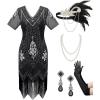 imageSWEETV Womens Flapper Dresses 1920s Fringed Sequin Great Gatsby Dress with 20s Accessories Roaring 20s CostumesBlack Silver