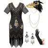 imageSWEETV Womens Flapper Dresses 1920s Fringed Sequin Great Gatsby Dress with 20s Accessories Roaring 20s CostumesBlackgold