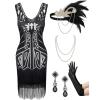 imageSWEETV Womens Vintage Flapper Dress 1920sGreat Gatsby Sequin Fringe dresses with 20s Accessories Set For Party PromBlacksilver