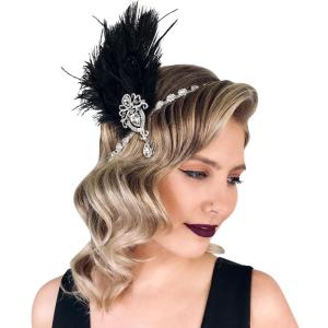 imageSWEETV 1920s Feather Headpiece Black Womens Ostrich Feather Crystal Headband Great Gatsby Hair Accessories for Women Ribbon TieBlack
