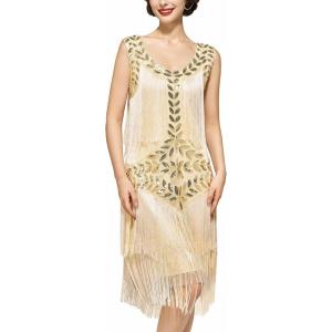 imageSWEETV 1920s Sleeveless Flapper Dresses Scoop Neck Great Gatsby Dresses Fringed Sequin Roaring 20s Dress Cocktail DressChampagne