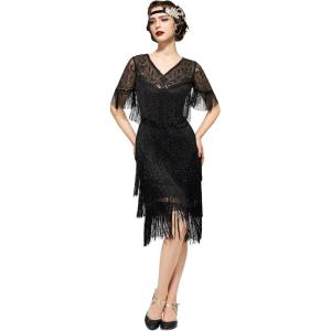 imageSWEETV 1920s Vintage Flapper Dresses for Women Fringed Great Gatsby Dresses Roaring 20s Dress with SleeveBlacksilver