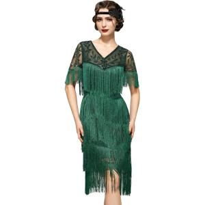 imageSWEETV 1920s Vintage Flapper Dresses for Women Fringed Great Gatsby Dresses Roaring 20s Dress with SleeveGreen