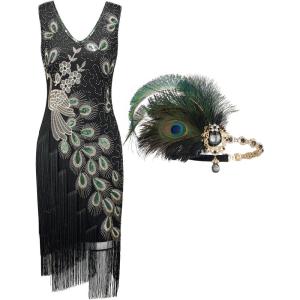 imageSWEETV 1920s Vintage Peacock Flapper Dresses Sequin Fringed Gatsby Dress with HeadbandBlack