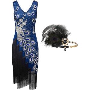 imageSWEETV 1920s Vintage Peacock Flapper Dresses Sequin Fringed Gatsby Dress with HeadbandBlue