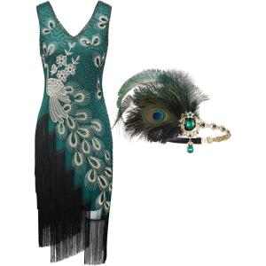imageSWEETV 1920s Vintage Peacock Flapper Dresses Sequin Fringed Gatsby Dress with HeadbandGreen