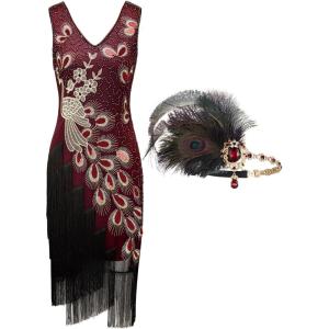 imageSWEETV 1920s Vintage Peacock Flapper Dresses Sequin Fringed Gatsby Dress with HeadbandRed