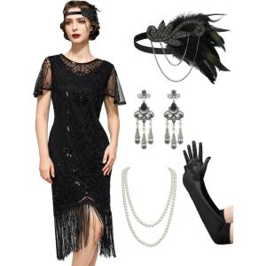 imageSWEETV Great Gatsby Lace Neck Flapper Dress  1920s Dress for Women With Sleeve  Roaring 20s CostumeBlack