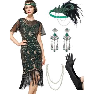imageSWEETV Great Gatsby Lace Neck Flapper Dress  1920s Dress for Women With Sleeve  Roaring 20s CostumeGreen
