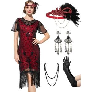 imageSWEETV Great Gatsby Lace Neck Flapper Dress  1920s Dress for Women With Sleeve  Roaring 20s CostumeRed