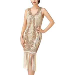imageSWEETV Women 1920s Vintage Flapper Dress Long Fringed Sequin VNeck Gatsby Dresses for Roaring 20s Cocktail Party