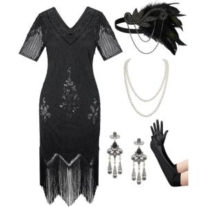 imageSWEETV Womens Flapper Dresses 1920s Fringed Sequin Great Gatsby Dress with 20s Accessories Roaring 20s CostumesBlack