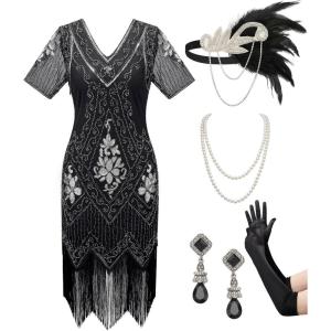 imageSWEETV Womens Flapper Dresses 1920s Fringed Sequin Great Gatsby Dress with 20s Accessories Roaring 20s CostumesBlack Silver