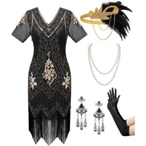 imageSWEETV Womens Flapper Dresses 1920s Fringed Sequin Great Gatsby Dress with 20s Accessories Roaring 20s CostumesBlackgold