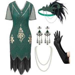 imageSWEETV Womens Flapper Dresses 1920s Fringed Sequin Great Gatsby Dress with 20s Accessories Roaring 20s CostumesGreen