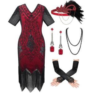 imageSWEETV Womens Flapper Dresses 1920s Fringed Sequin Great Gatsby Dress with 20s Accessories Roaring 20s CostumesRed