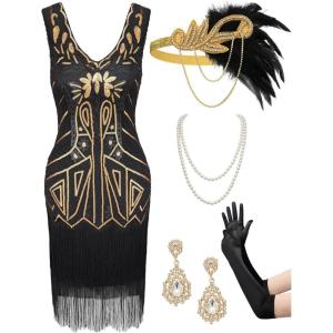 imageSWEETV Womens Vintage Flapper Dress 1920sGreat Gatsby Sequin Fringe dresses with 20s Accessories Set For Party PromBlackgold