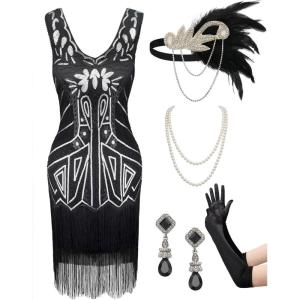 imageSWEETV Womens Vintage Flapper Dress 1920sGreat Gatsby Sequin Fringe dresses with 20s Accessories Set For Party PromBlacksilver