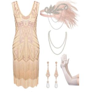 imageSWEETV Womens Vintage Flapper Dress 1920sGreat Gatsby Sequin Fringe dresses with 20s Accessories Set For Party PromChampagne