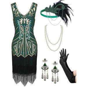imageSWEETV Womens Vintage Flapper Dress 1920sGreat Gatsby Sequin Fringe dresses with 20s Accessories Set For Party PromGreen