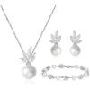 imageSWEETV Jewelry Set for Bride Women Cubic Zirconia Pearl Bridal Earrings Necklace Bracelet Set Bridal Jewelry Set for Wedding PromS03 Silver