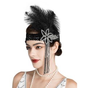 imageSWEETV 1920s Flapper Feather Headband Sequined Roaring 20s Gatsby Showgirl Headpiece Hair AccessoriesF02 White