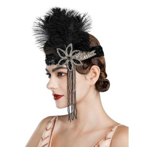 imageSWEETV 1920s Flapper Feather Headband Sequined Roaring 20s Gatsby Showgirl Headpiece Hair AccessoriesF03 Gold