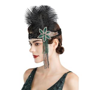 imageSWEETV 1920s Flapper Feather Headband Sequined Roaring 20s Gatsby Showgirl Headpiece Hair AccessoriesF04 Green