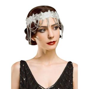 imageSWEETV 1920s Flapper Headband Vintage Roaring 20s Great Gatsby Headpiece Silver Hair Accessories for WomenF02 Silver