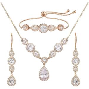 imageSWEETV 3 Pack Cubic Zirconia Bridal Jewelry Sets for Wedding Crystal Necklace Dangle Earring Bracelet Jewelry Sets for Women Prom Costume Jewelry Gifts02Rose Gold
