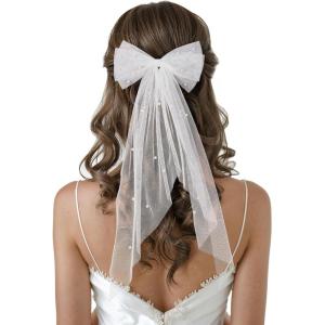 imageSWEETV Bridal Hair Bow Veil White Bow Clip Bachelorette Party Decorations Pearl Accessories Bride to Be Bridal Shower GiftPatternA