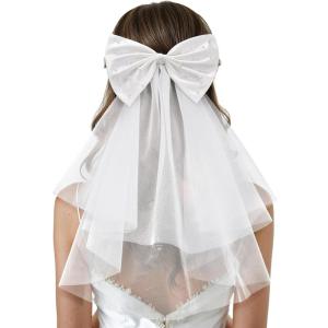 imageSWEETV Bridal Hair Bow Veil White Bow Clip Bachelorette Party Decorations Pearl Accessories Bride to Be Bridal Shower GiftPatternB