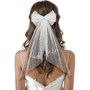 imageSWEETV Bridal Hair Bow Veil White Bow Clip Bachelorette Party Decorations Pearl Accessories Bride to Be Bridal Shower GiftPatternH
