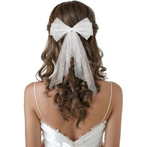 imageSWEETV Bridal Hair Bow Veil White Bow Clip Bachelorette Party Decorations Pearl Accessories Bride to Be Bridal Shower GiftSolid