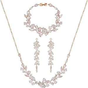 imageSWEETV Bridal Jewelry Set for Wedding 3Pcs Long Floral Necklace Earring Bracelet Sets for Brides Bridesmaids Elegant Marquise and Cubic Zirconia Jewelry Set for Women Party Prom GiftsRose Gold