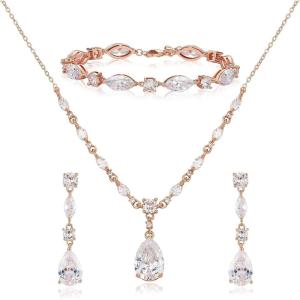 imageSWEETV Bridal Jewelry Set for Wedding Cubic Zirconia Necklace Dangle Drop Earrings Bracelet Set Teardrop Marquise Brides Bridesmaids Wedding Prom Anniversary Jewelry Gifts for Women02Rose Gold