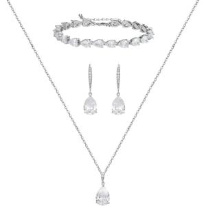 imageSWEETV Bridal Jewelry Set for Wedding Cubic Zirconia Necklace Dangle Drop Earrings Bracelet Set Teardrop Marquise Brides Bridesmaids Wedding Prom Anniversary Jewelry Gifts for WomenSilver 02