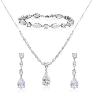 imageSWEETV Bridal Jewelry Set for Wedding Cubic Zirconia Necklace Dangle Drop Earrings Bracelet Set Teardrop Marquise Brides Bridesmaids Wedding Prom Anniversary Jewelry Gifts for Women01Silver
