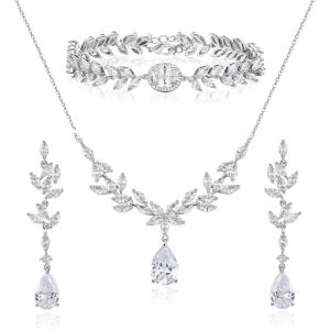 imageSWEETV Bridal Jewelry Set for Wedding Cubic Zirconia Necklace Dangle Earrings Bracelet Set Teardrop Marquise Brides Bridesmaids Wedding Prom Jewelry Sets for Women01 Silver