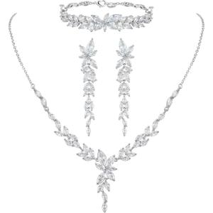 imageSWEETV Cubic Zirconia Jewelry Set for Women Chandelier Marquise Necklace Dangle Earrings Bracelet Set Wedding Bridal Jewelry for Bride Bridesmaid01 Silver