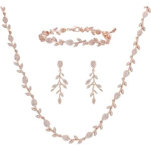 imageSWEETV Cubic Zirconia Wedding Jewelry Sets for Bride Bridesmaids Crystal Leaf Vine Bridal Earrings and Necklace Set for Women Jewelry Gifts04 Rose Gold
