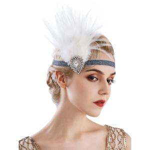 imageSWEETV Flapper Headband 1920s Headpiece Rhinestone Feather Hair Band Great Gatsby Headpiece for WomenIvory03 Ivory