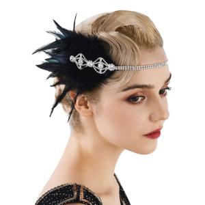 imageSWEETV Flapper Headband 1920s Headpiece Rhinestone Feather Roaring 20s Great Gatsby Hair Accessories for WomenBlackBlack