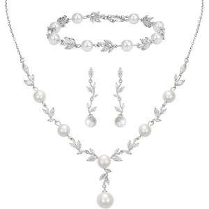 imageSWEETV Jewelry Set for Bride Women Cubic Zirconia Pearl Bridal Earrings Necklace Bracelet Set Bridal Jewelry Set for Wedding PromS02 Silver