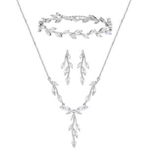 imageSWEETV Jewelry Set for Women Cubic Zirconia Marquise Vine Cluster Bridal Earrings and Necklace Set Bridal Jewelry Set for Wedding PromS09 Silver